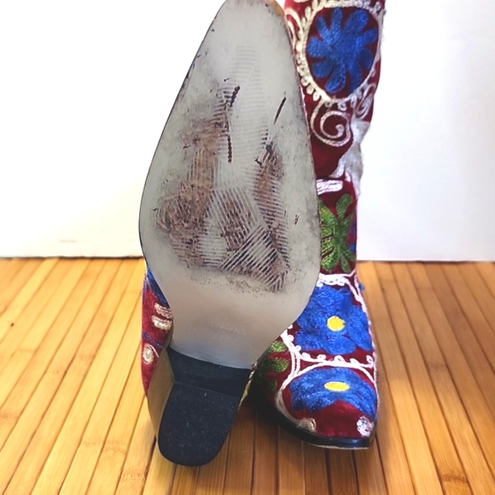 Turkish Sole Womens Back Zip Embroirered Red Velvet Leather Lined Cowboy Boots - Picture 7 of 12